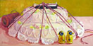 thumbnail of denise rankin painting of two tier wedding cake with bride and groom figurine bound in red twine, penguin figurines looking out, titled 99 to Life, click to view larger