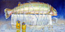 thumbnail of denise rankin painting of arctic char bound with twine to block of ice while penguin figurines look on, titled Arctic Char, click to view larger
