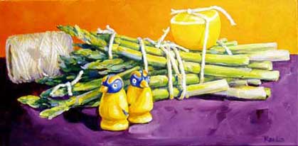 denise rankin painting of asparagus tied with twine while penquin figurines look outward, titled Asparagus