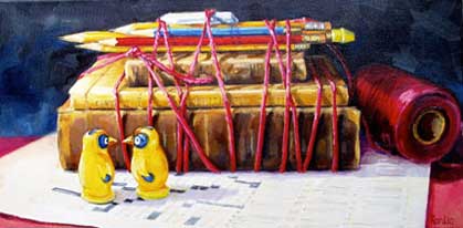 denise rankin painting of books and pencils bound with red twine, penguins looking at each other, titled Crossword