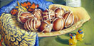 thumbnail of denise rankin painting of eggs bound in twine nestled in bowl while penguin figurines look on, titled Eggs, click to view larger