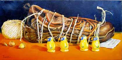 denise rankin painting of brown hiking shoe bound with twine while penguin figurines look on, titled Hiker