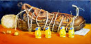 thumbnail of denise rankin painting of brown hiking shoe bound with twine while penguin figurines look on, titled Hiker, click to view larger